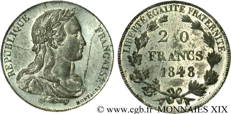 Concours de 20 francs, essai de Montagny, buste habillé 1848 Paris VG.3033 var SPL 