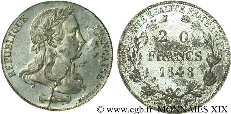 Concours de 20 francs, essai de Montagny, buste nu 1848 Paris VG.3034 var AU/XF 
