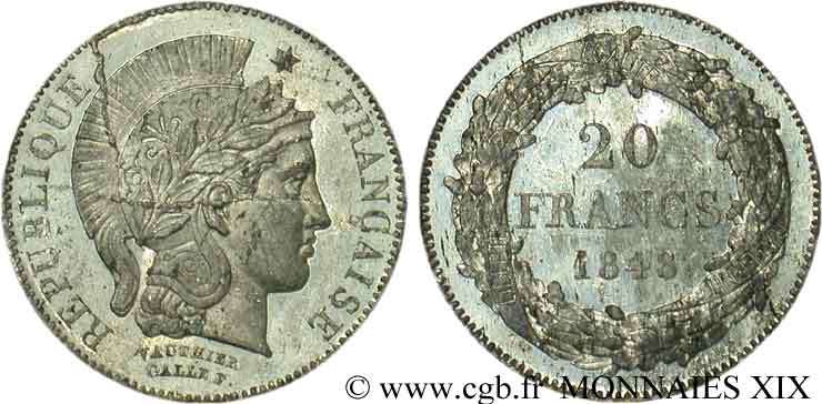Concours de 20 francs, essai en étain de Vauthier-Galle 1848 Paris VG.3038  var EBC 