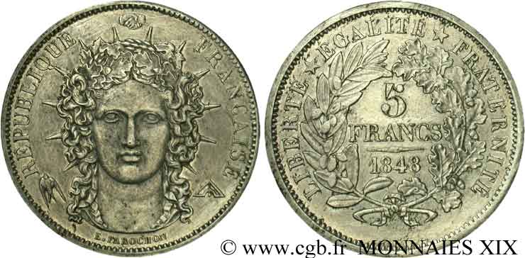 Concours de 5 francs, essai de Farochon, deuxième concours 1848 Paris VG.3073 var. XF 