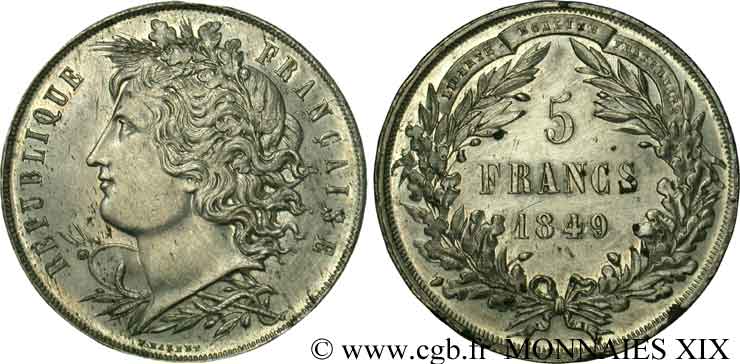 Concours de 5 francs, essai de Malbet 1849 Paris VG.3083 var. TTB 