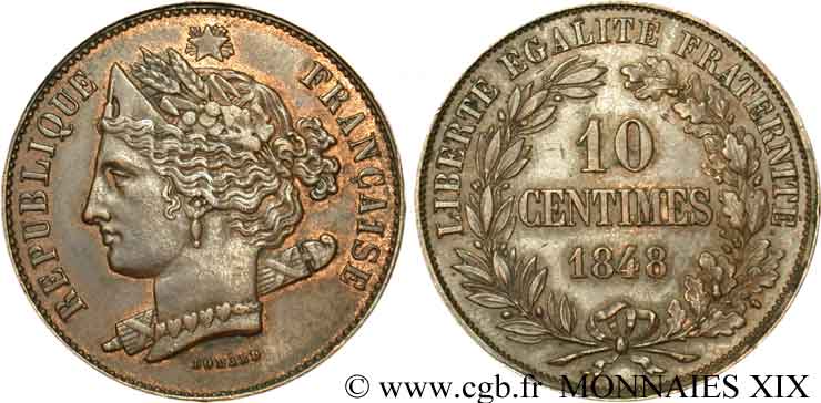Concours de 10 centimes Br, essai de Domard 1848 Paris VG.3138 var. MBC 