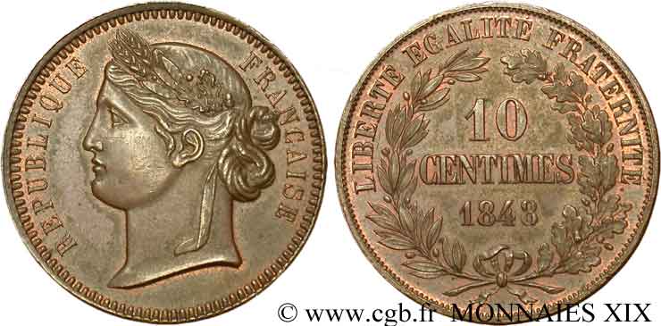 Concours de 10 centimes, piéfort de Reynaud hors concours et modifié, tranche inscrite 1848 Paris VG.3173 var. SPL 