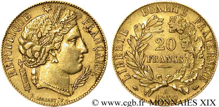 20 francs or Cérès, oreille haute 1850 Paris F.529/2 SS 