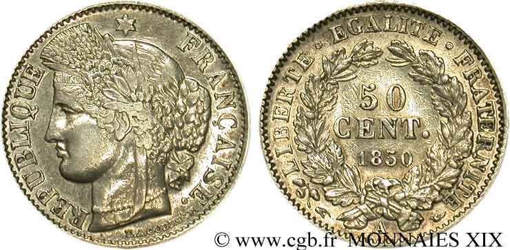 50 centimes Cérès Deuxième république 1850 Paris F.184/2 TTB 