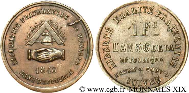 1 franc de la banque du peuple 1848  VG.3214 Var TTB 