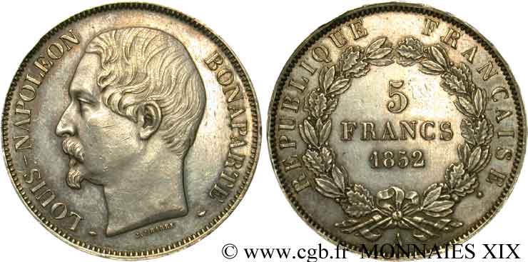 5 francs Louis-Napoléon, J.J. BARRE 1852 Paris F.328/1 AU 