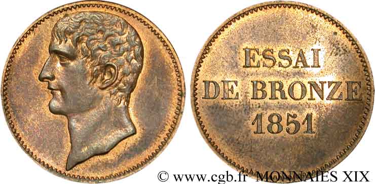 Essai de bronze au module de 5 centimes, Bonaparte 1851 Paris VG.3290  AU 