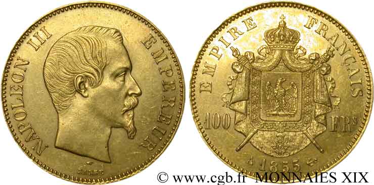 100 francs or Napoléon III tête nue 1855 Paris F.550/1 MBC 