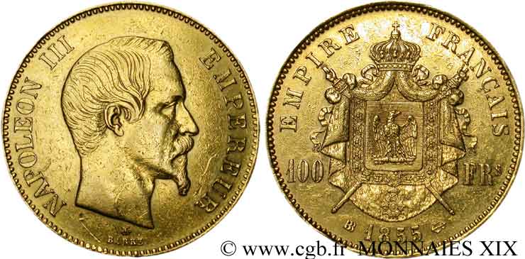 100 francs or Napoléon III tête nue 1855 Strasbourg F.550/2 VF 