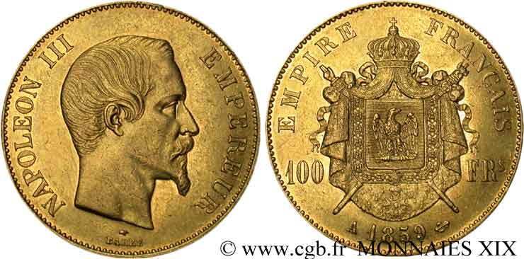 100 francs or Napoléon III tête nue 1859 Paris F.550/7 SS 