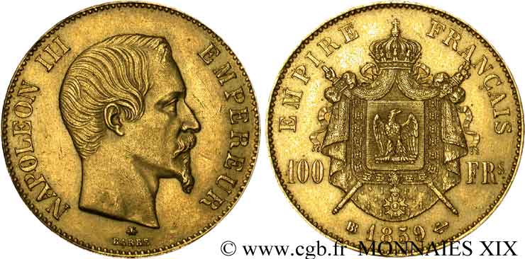 100 francs or Napoléon III tête nue 1859 Strasbourg F.550/8 MBC 