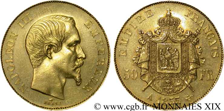50 francs or Napoléon III, tête nue 1855 Paris F.547/1 SPL 