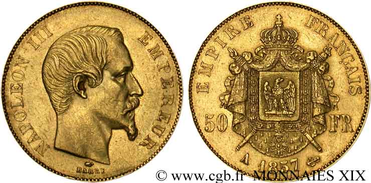 50 francs or Napoléon III, tête nue 1857 Paris F.547/4 TTB 