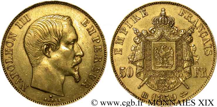50 francs or Napoléon III, tête nue 1859 Strasbourg F.547/8 XF 