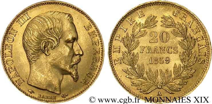 20 francs or Napoléon III, tête nue 1859 Paris F.531/15 AU 