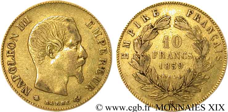 10 francs Napoléon III tête nue, grand module 1859 Strasbourg F.506/8 TB 
