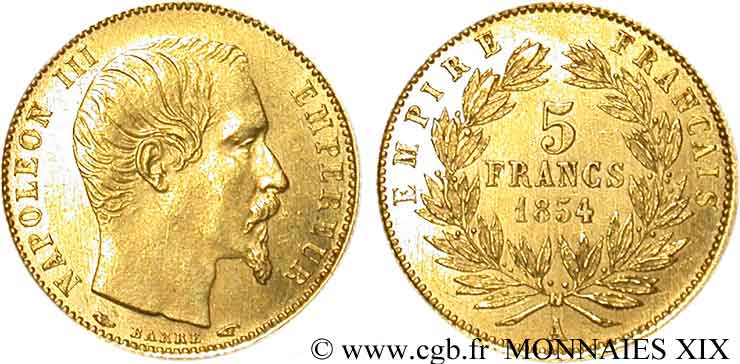 5 francs or Napoléon III tête nue, petit module 1854 Paris F.500A/1 SUP 