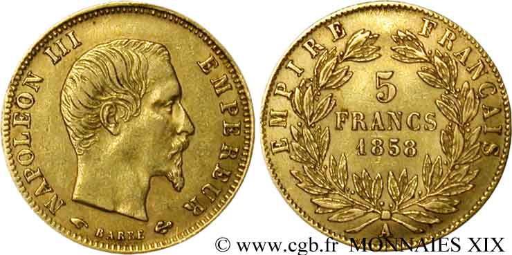 5 francs or Napoléon III tête nue, grand module 1858 Paris F.501/5 TTB 