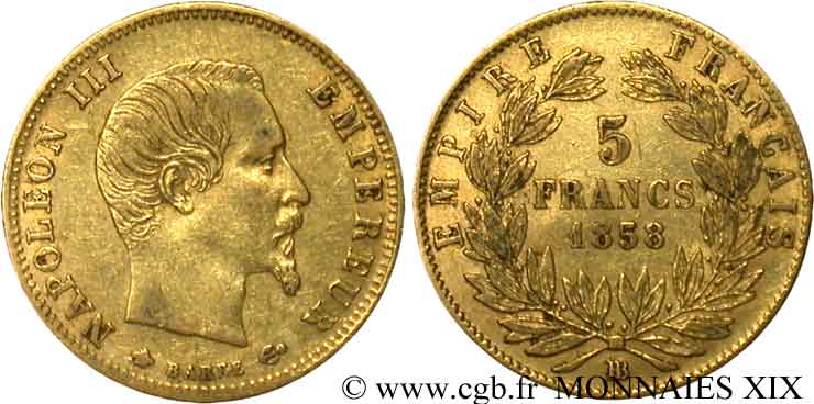 5 francs or Napoléon III tête nue, grand module 1858 Strasbourg F.501/6 TTB 