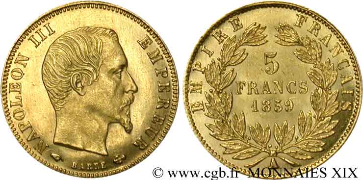 5 francs or Napoléon III, tête nue, grand module 1859 Paris F.501/7 MS 