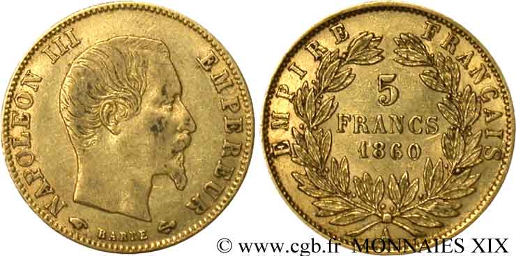 5 francs or Napoléon III tête nue, grand module 1860 Paris F.501/10 TB 