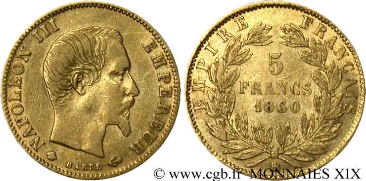 5 francs or Napoléon III tête nue, grand module 1860 Strasbourg F.501/13 SS 