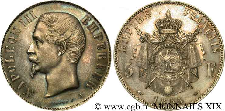 5 francs Napoléon III tête nue 1855 Paris F.330/2 EBC 