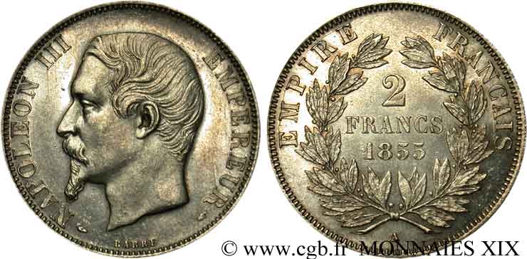 2 francs Napoléon III tête nue 1855 Paris F.262/3 EBC 