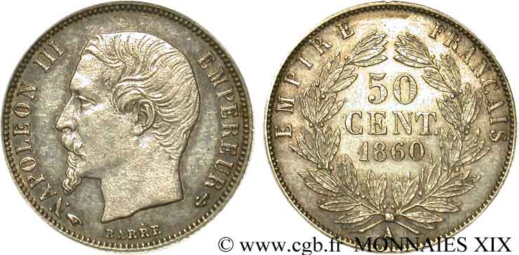 50 centimes Napoléon III, tête nue 1860 Paris F.187/13 AU 