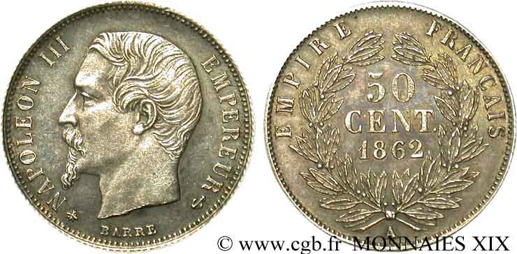 50 centimes Napoléon III, tête nue 1862 Paris F.187/16 EBC 