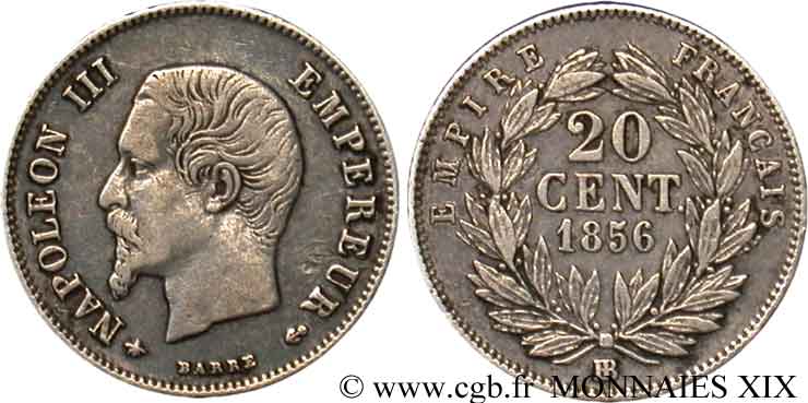 20 centimes Napoléon III, tête nue 1856 Strasbourg F.148/5 TB 