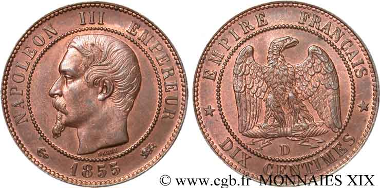 Dix centimes Napoléon III, tête nue, différent ancre 1855 Lyon F.133/26 AU 