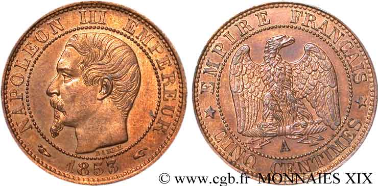 Cinq centimes Napoléon III tête nue 1853 Paris F.116/1 MS 