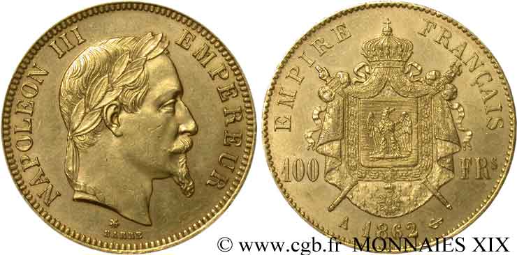 100 francs or Napoléon III, tête laurée 1862 Paris F.551/1 BB 