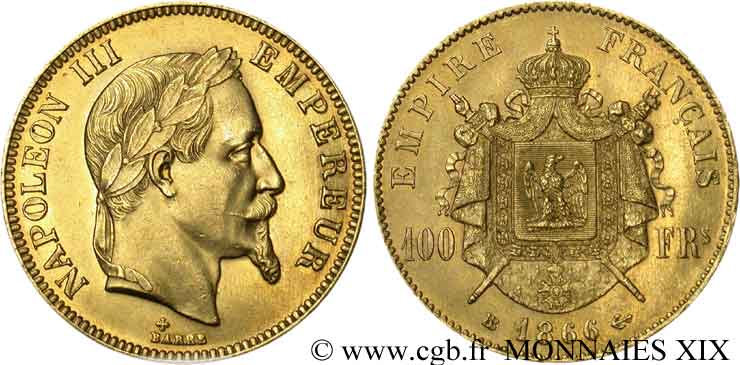100 francs or Napoléon III, tête laurée 1866 Strasbourg F.551/7 SPL 