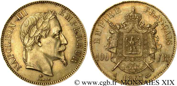 100 francs or Napoléon III, tête laurée 1867 Paris F.551/8 BB 