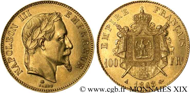 100 francs or Napoléon III, tête laurée 1868 Paris F.551/10 SUP 