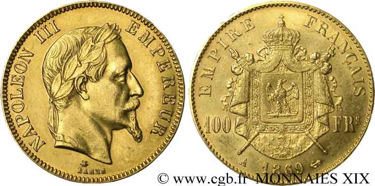 100 francs or Napoléon III, tête laurée 1869 Paris F.551/12 XF 