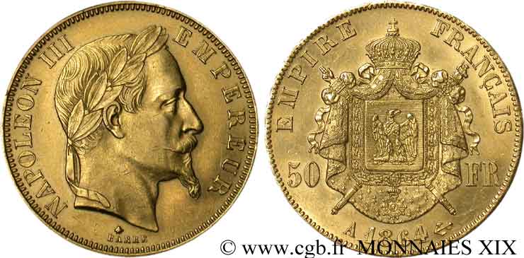 50 francs or Napoléon III, tête laurée 1864 Paris F.548/4 BB 