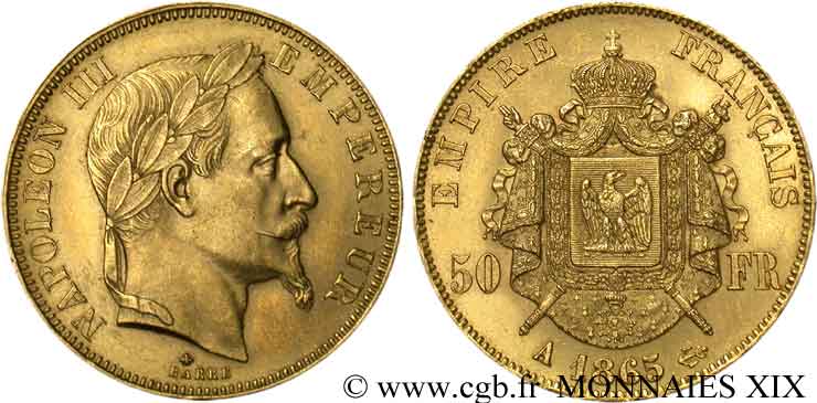50 francs or Napoléon III, tête laurée 1865 Paris F.548/5 AU 