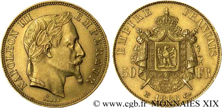 50 francs or Napoléon III, tête laurée 1866 Strasbourg F.548/7 BB 
