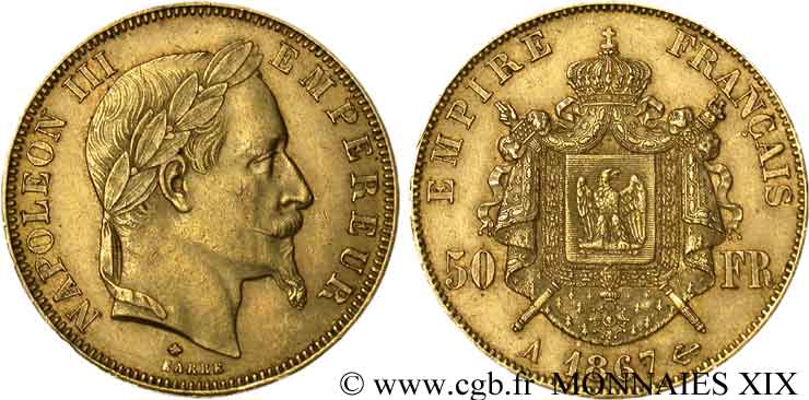 50 francs or Napoléon III, tête laurée 1867 Paris F.548/8 MBC 