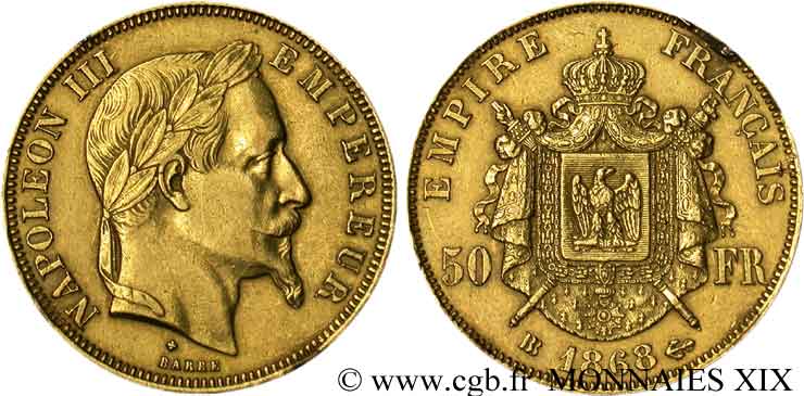 50 francs or Napoléon III, tête laurée 1868 Strasbourg F.548/11 S 