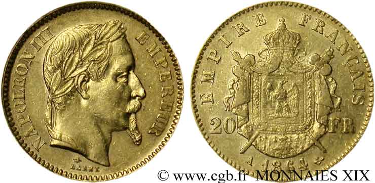 20 francs or Napoléon III, tête laurée 1864 Paris F.532/8 BB 