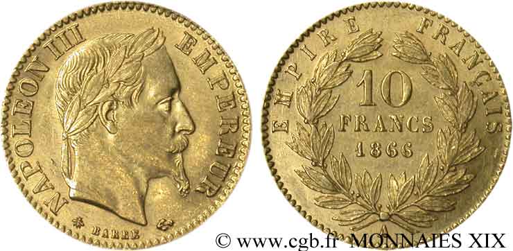 10 francs or Napoléon III, tête laurée 1866 Paris F.507A/12 SS 