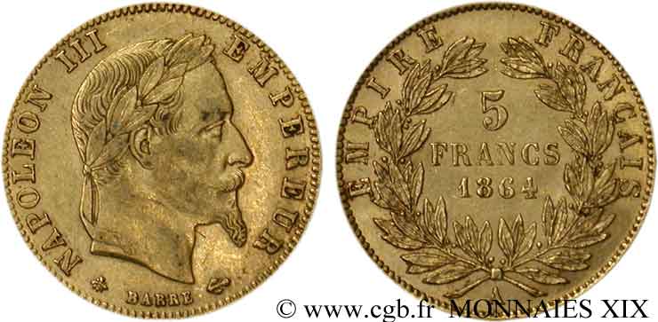 5 francs or Napoléon III, tête laurée 1864 Paris F.502/5 BB 