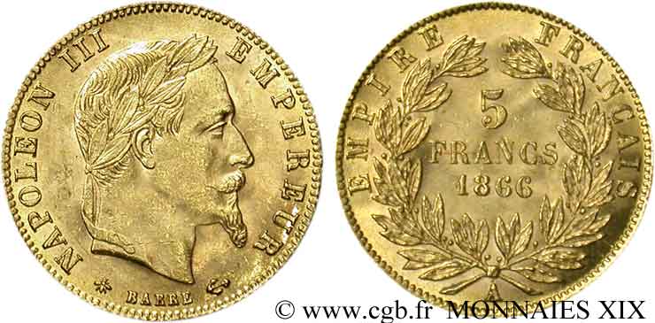 5 francs or Napoléon III, tête laurée 1866 Paris F.502/9 EBC 