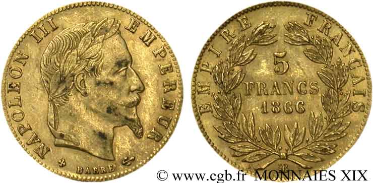 5 francs or Napoléon III, tête laurée 1866 Strasbourg F.502/10 XF 