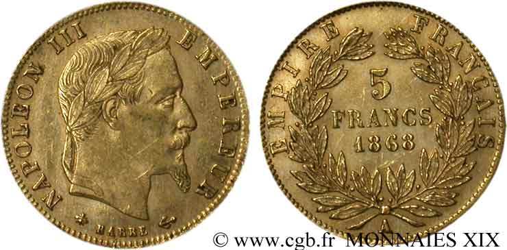 5 francs or Napoléon III, tête laurée 1868 Paris F.502/13 MBC 